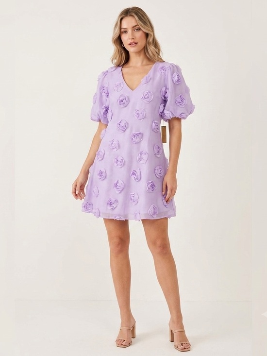 Rokoko Dresses & Skirts - NWT Rokoko Lilac Floral Appliqué Ballon Sleeve Mini Dress Lined Garden Women’s L